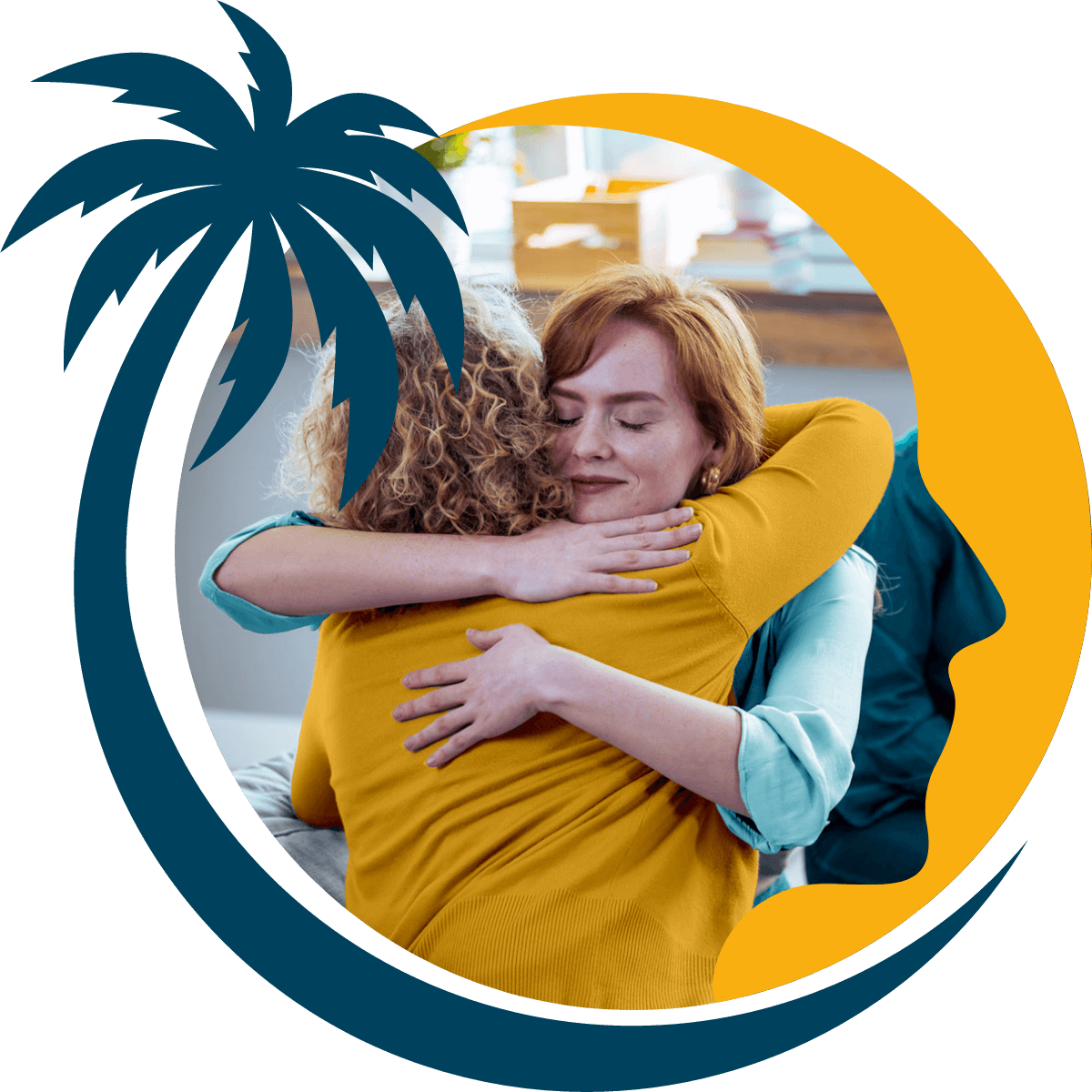 Caring female counselor hugs a female patient during a group therapy session.