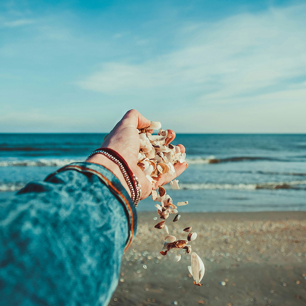 First person view of a hand dropping seashells on the beach